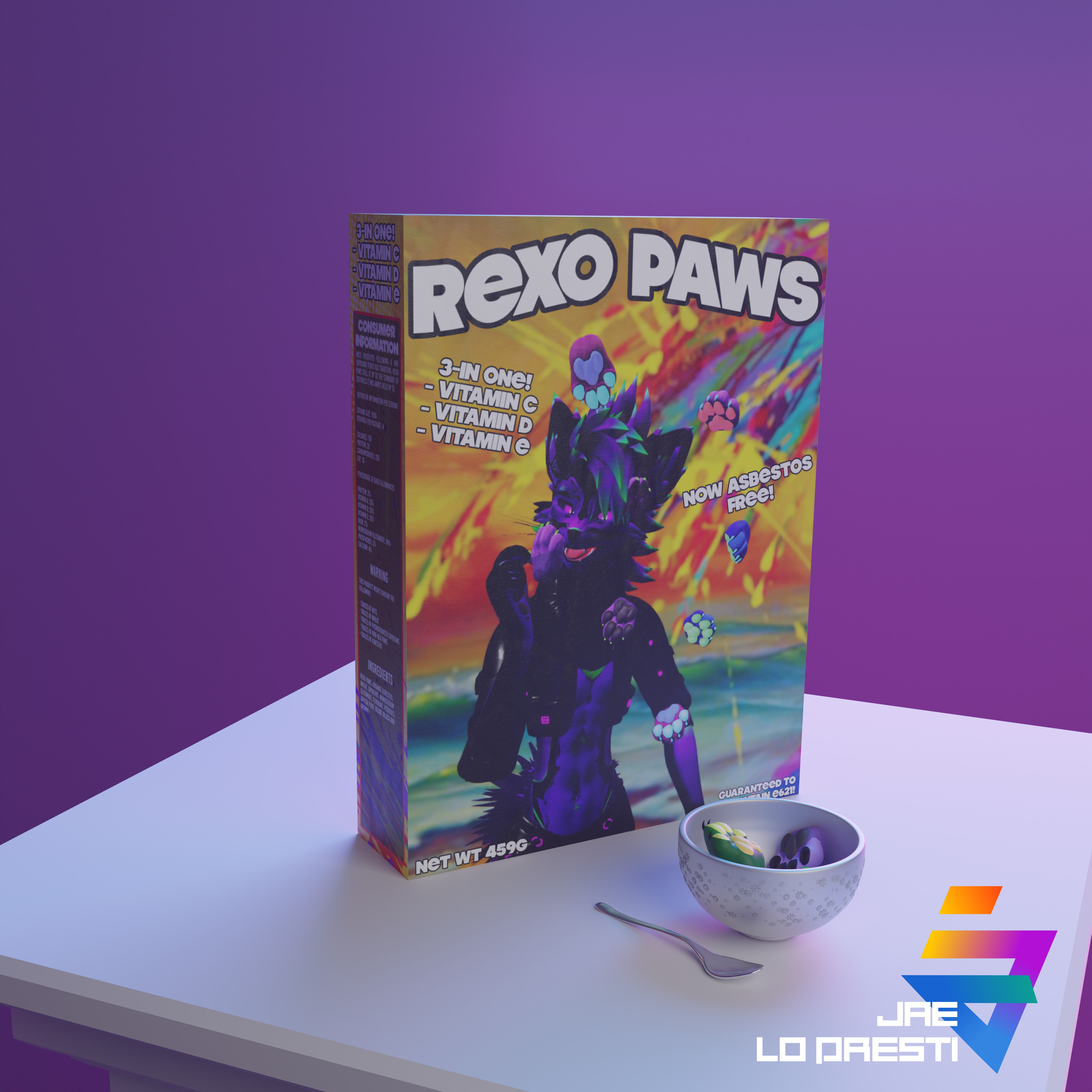 Rendered box of cereals called Rexo Paws.