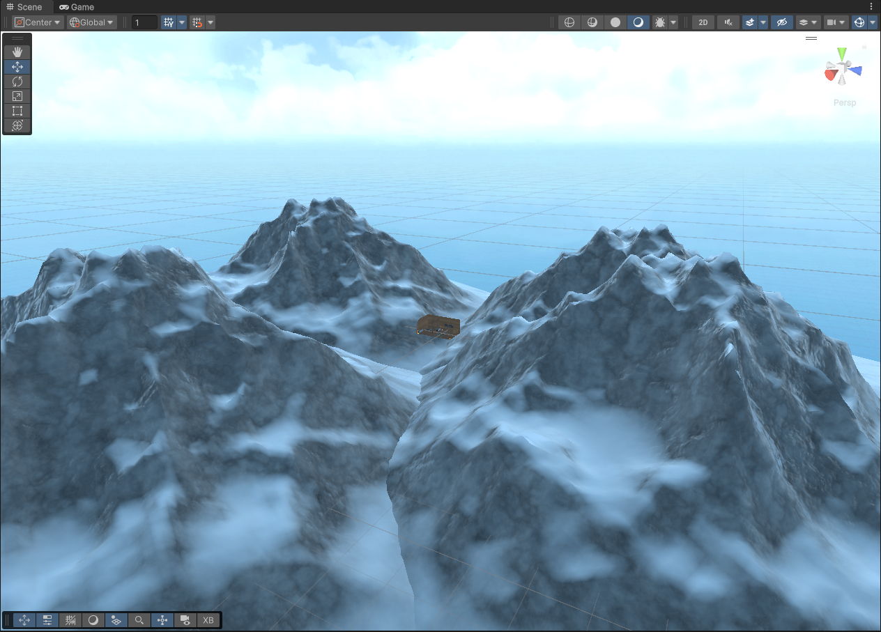 Unity's viewport showing mountains and a tiny home on them.